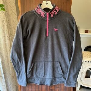 Victoria's Secret PINK 1/4 Zip Pullover Sweatshirt Gray/Pink Logo Size Small